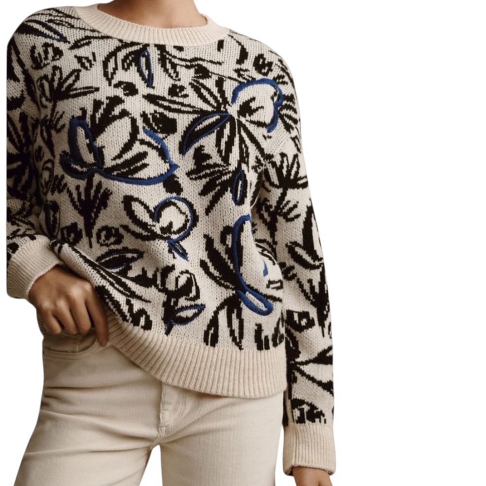 Anthropologie Floral Pop Embroidered Blue Motif Sweater NWOT